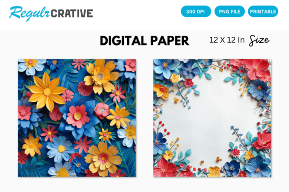 3D Bright Flowers Digital Paper Pack
