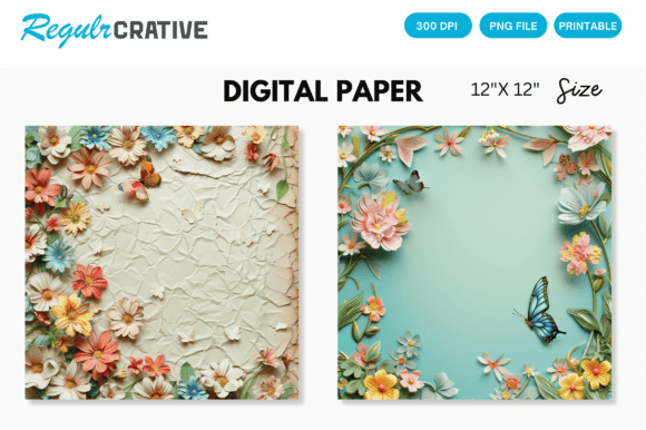 3D Butterfly and Flowers Digital Paper