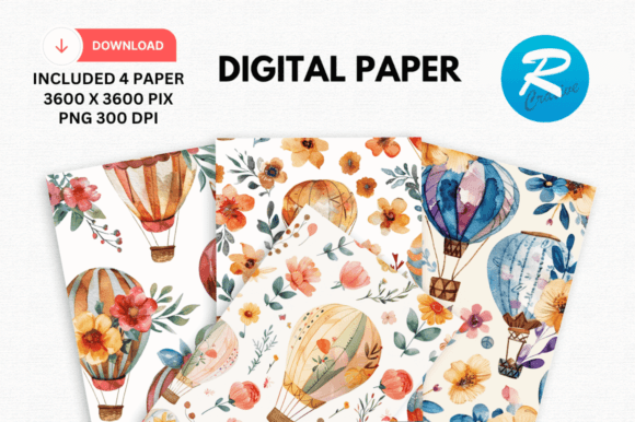 3D Hot Air Balloon Floral Digital Paper for Creative Projects