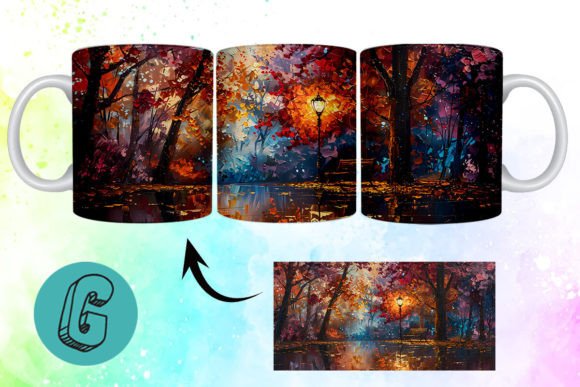 3D Oil Paint Fall Street Mug Wrap: Autumn Digital Art