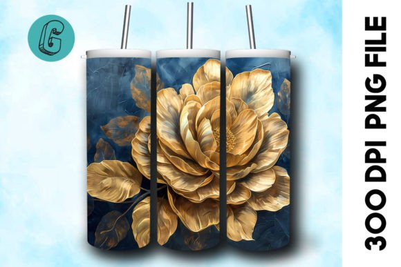 3D Oil Paint Gold Flower Tumbler Wrap: Elegant Digital Design