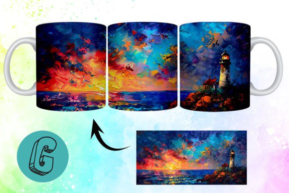 3D Oil Paint Lighthouse Mug Wrap 01 for Creative Projects