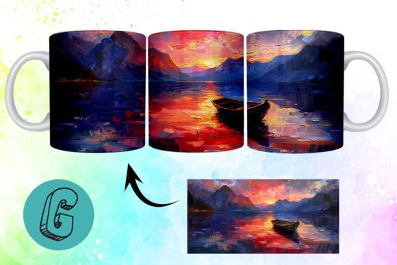 3D Oil Paint Lonely Boat Mug Wrap: Creative Digital Art