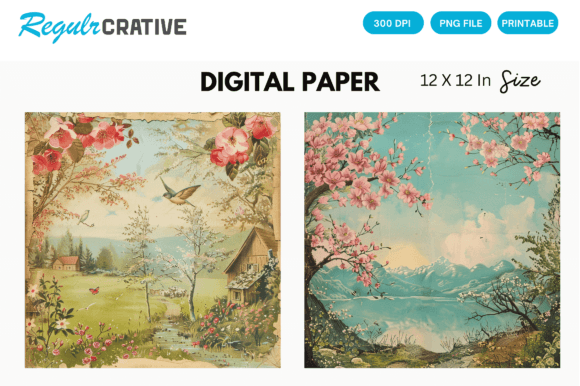 3D Vintage Spring Scenes Digital Paper: Creative Collection