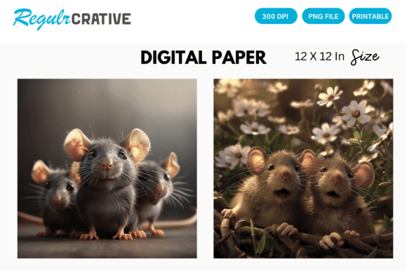 Charming Digital Paper: Watercolor 3D Cute Rats Design