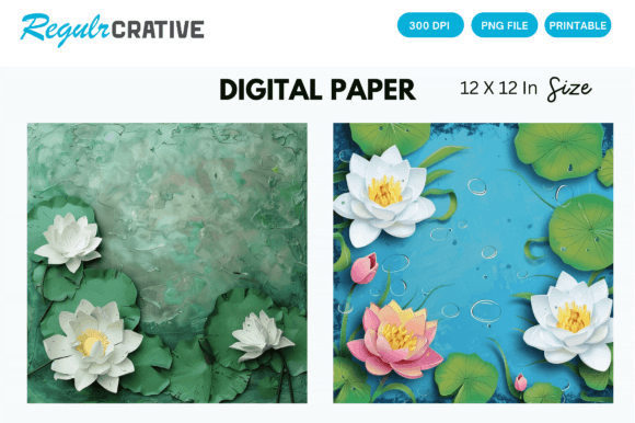 Elevate Your Designs with 3D Water Lilies Scrapbook Digital Paper